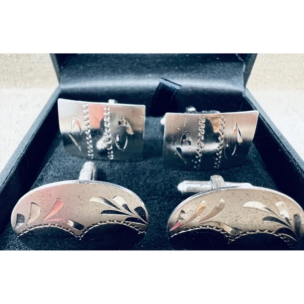 Vintage Flex-Let Sterling Silver Cufflink Set Oval Rectangular Etched Mens USA